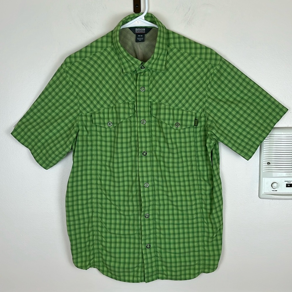 Outdoor Research Green Check Performance Short Sleeve, Snap Button Down, Size M